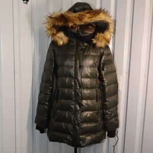 S13 New York Womens Chelsea Faux Fur Trim Down Puffer Coat Size XL Olive Green